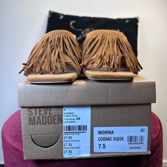 Steve Madden Morina Sandals in Cognac Suede leather fringe high heel like new - Picture 3 of 8